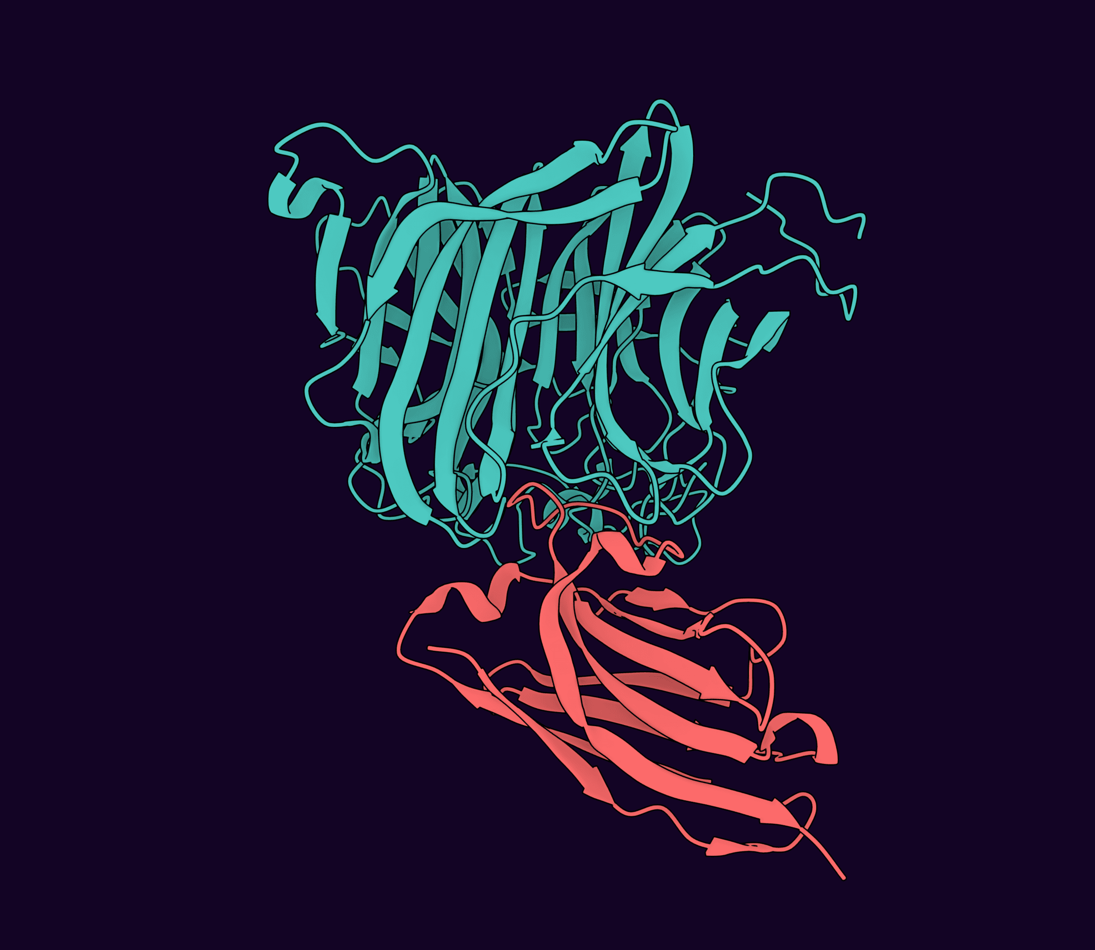 BoltzGen-designed VHH binder shown in coral bound to the cyan NiV-G target structure