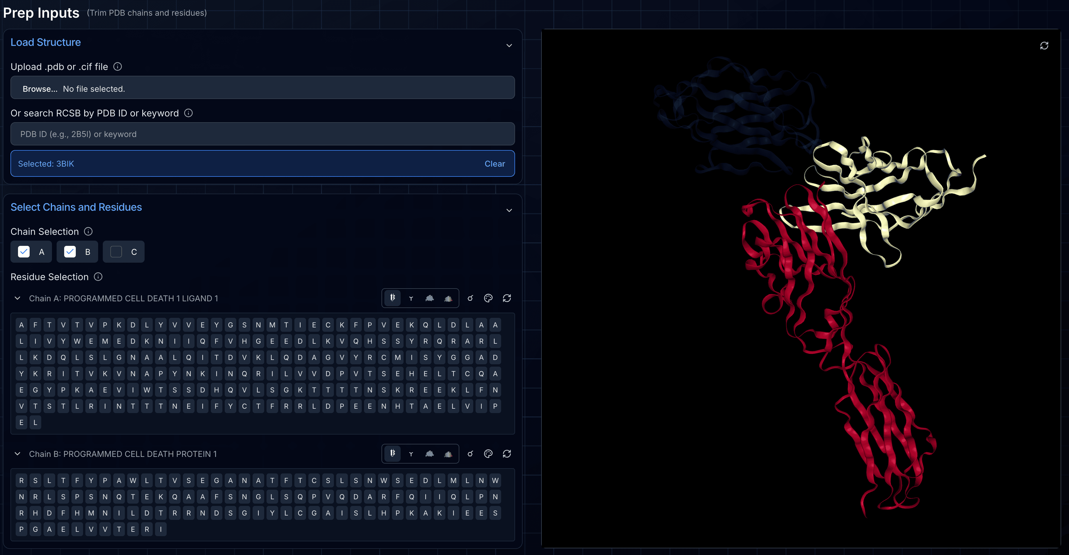 Ariax Prep Inputs showing structure upload, chain and residue selection, and a molecular preview